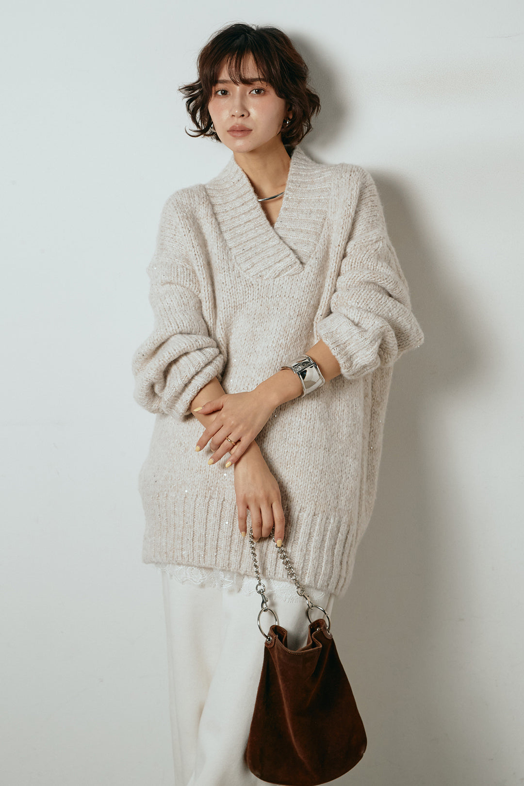 [SET]Vネックラメニットトップス+裏起毛スウェットワイドパンツ(2set)