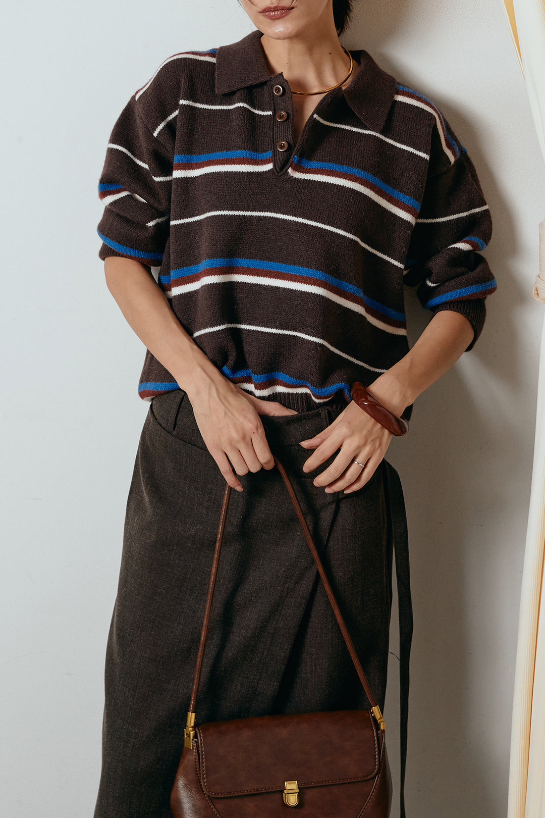 [SET]襟付きマルチボーダーニットポロトップス+ラップ巻きワイドスラックス(2set)