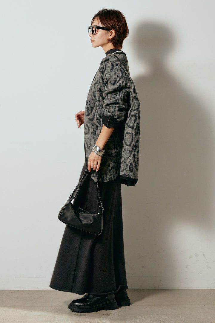 [SET]ノーカラーレオパード柄アウター+ノースリーブニットロングワンピース(2set)