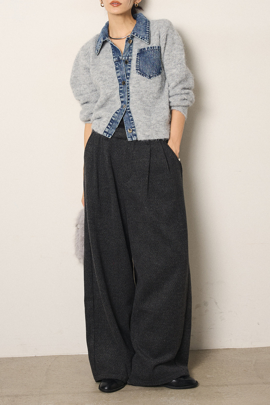 [SET]襟付きデニム切替ニットカーディガン+起毛タック入りツイードワイドパンツ(2set)