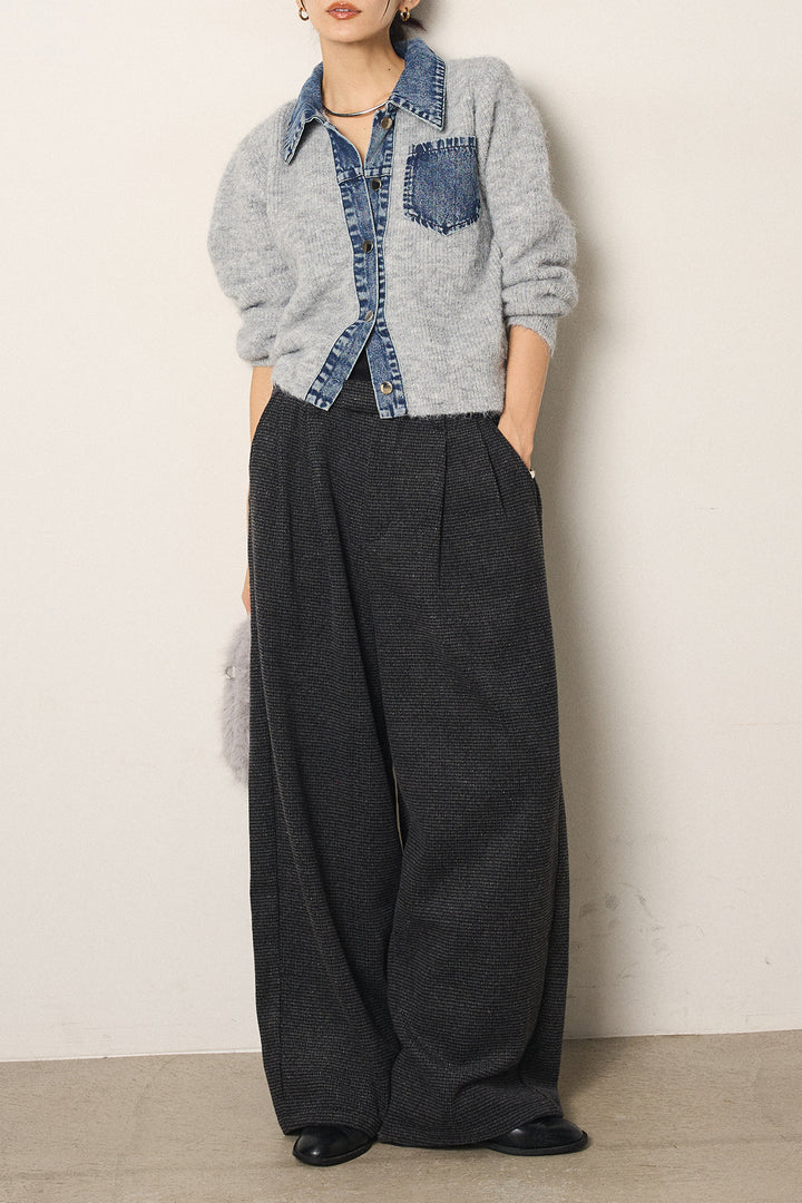 [SET]襟付きデニム切替ニットカーディガン+起毛タック入りツイードワイドパンツ(2set)