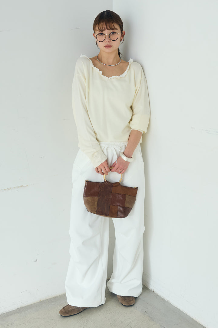 [SET]クールクール異素材コンビオフショルプルオーバー+ランダムタックデザインワイドパンツ(2set)