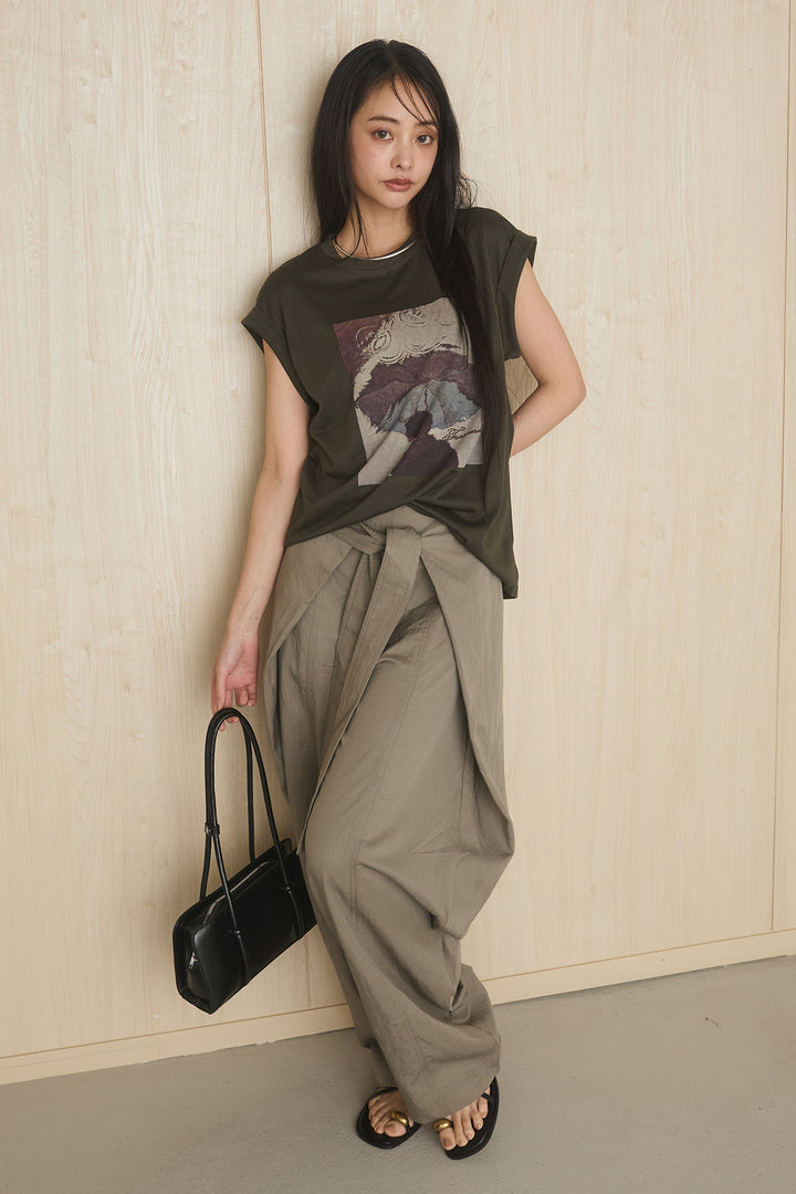 [SET]スクエアニュアンス柄Tシャツ+前結びタックワイドパンツ(2set)