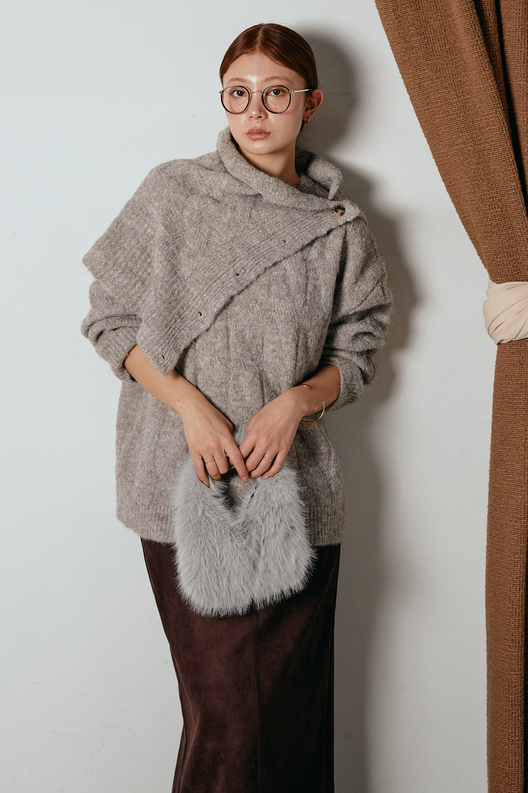 [SET]ケープデザインケーブルニットトップス+スウェードライク裾フリンジスカート(2set)