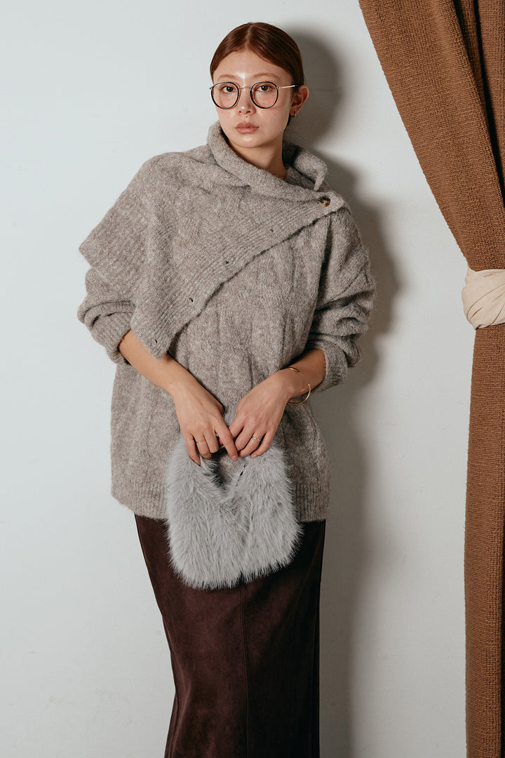 [SET]ケープデザインケーブルニットトップス+スウェードライク裾フリンジスカート(2set)