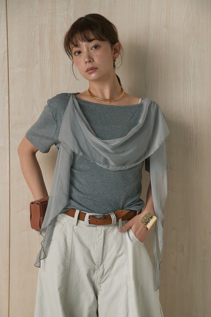 [SET]シフォン付きドレープ半袖カットソー+裾ボタン付きバレルパンツ(2set)