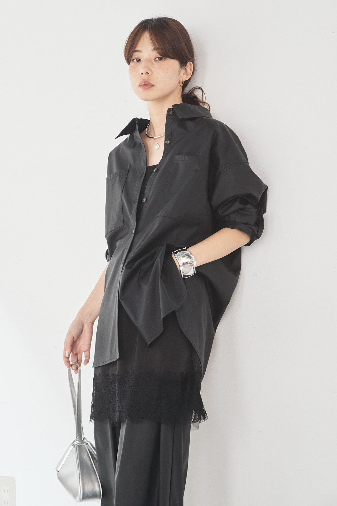 [SET]ウォッシャブルエコレザービックカフスシャツ+ウォッシャブルエコレザータックパンツ(2set)