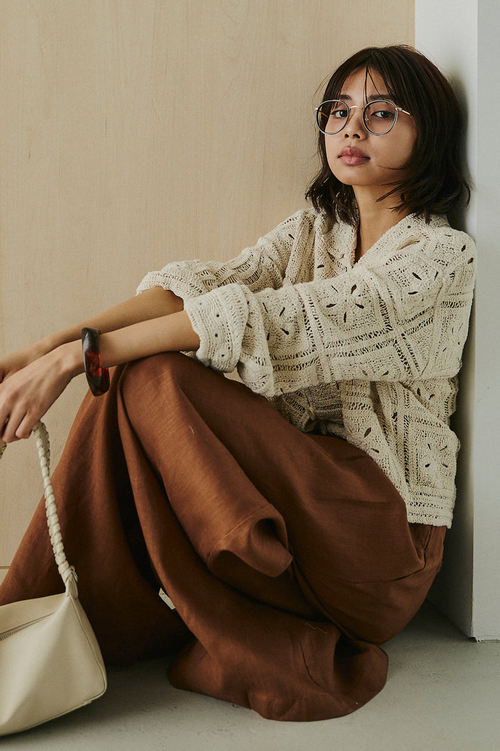 [SET]鍵編みフラワーレースカーディガン+タック入りワイドパンツ(2set)