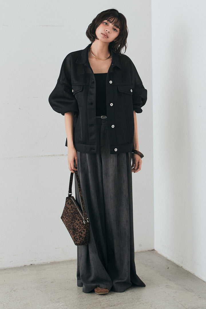 [SET]シアーダンボールサイドドロストジャケット+紐ベルト付きかすれ柄ワイドスラックス(2set)