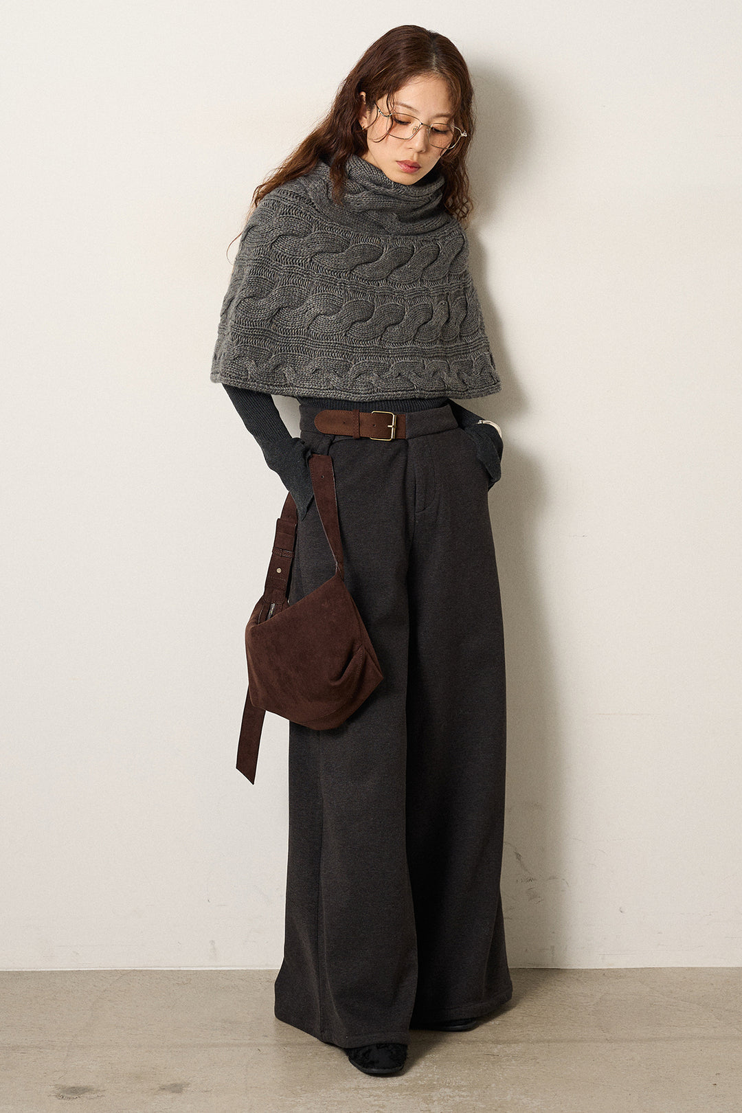 [SET]ケーブル編みケープレイヤードニット+サイドベルトパンツ(2set)