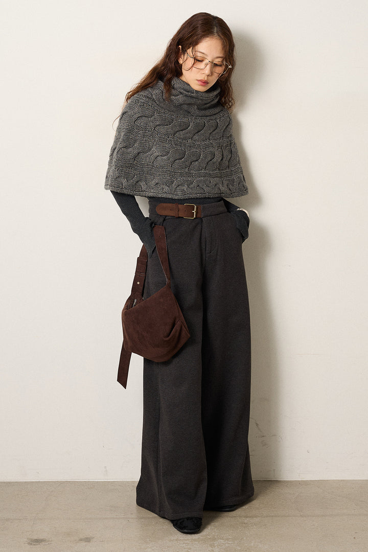 [SET]ケーブル編みケープレイヤードニット+サイドベルトパンツ(2set)