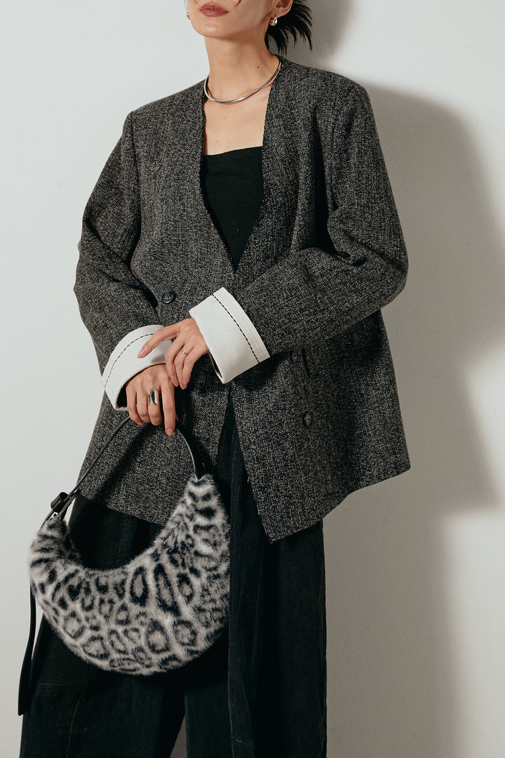 [SET]ノーカラーダブルボタンツイードジャケット+タック入りコーデュロイワイドパンツ(2set)