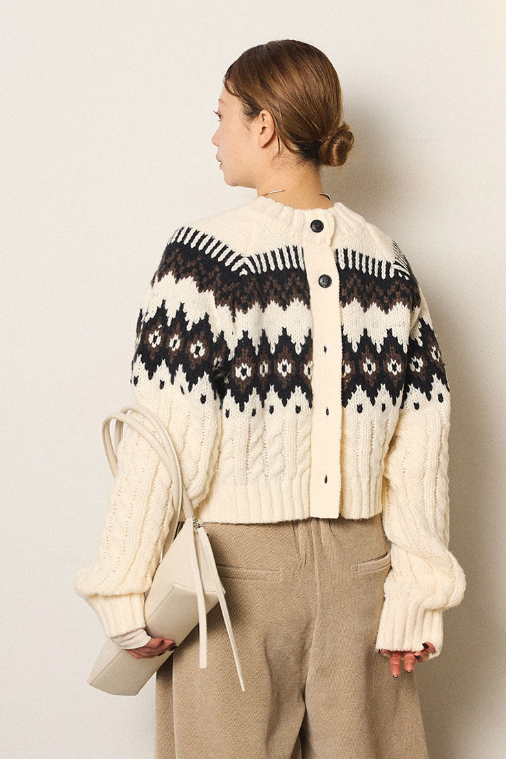 [SET]2WAY求心柄ジャガードショートカーディガン+2WAY袖コード刺繍クルーネックプルオーバー(2set)