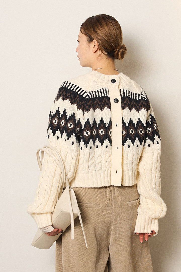 [SET]2WAY求心柄ジャガードショートカーディガン+2WAY袖コード刺繍クルーネックプルオーバー(2set)