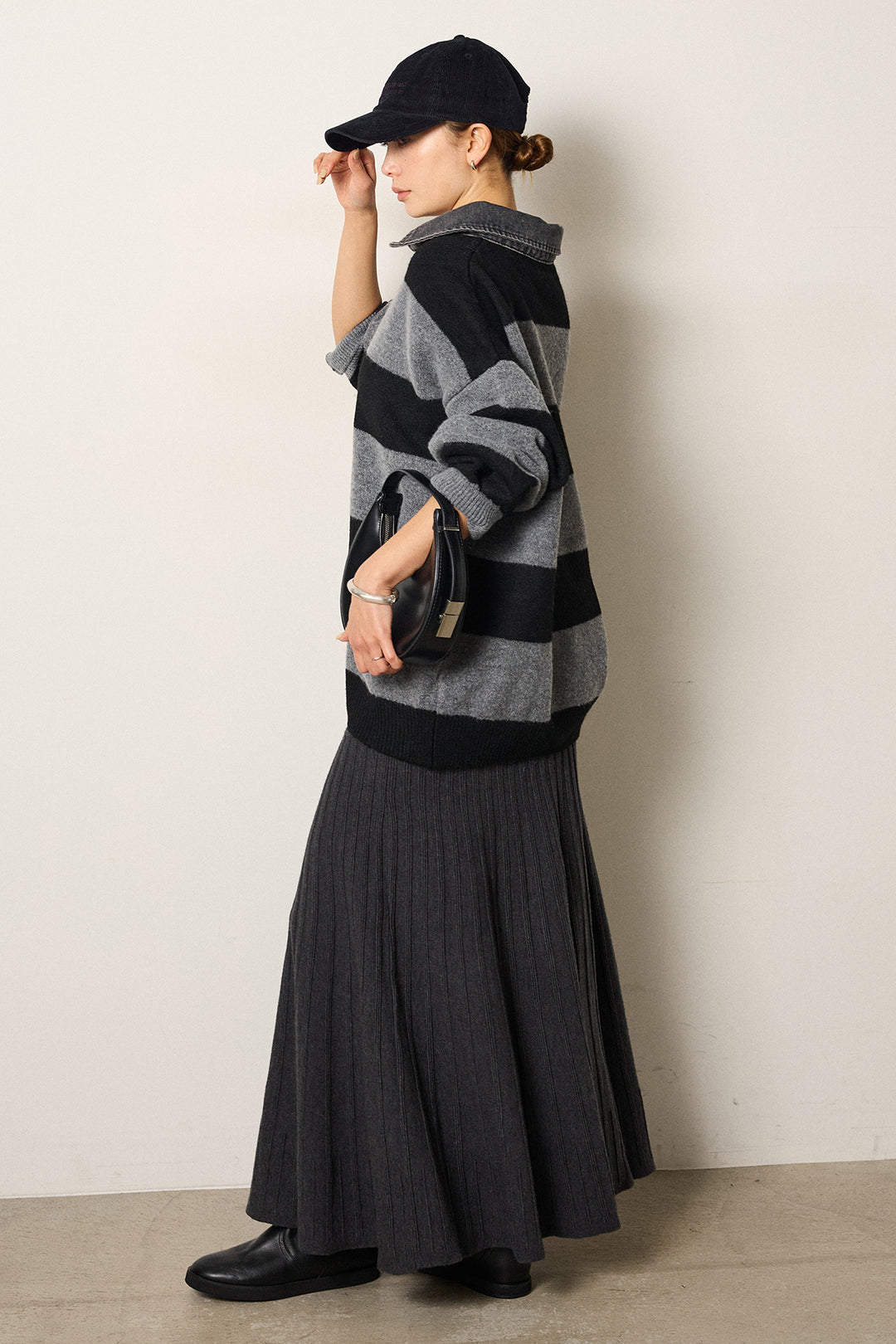 [SET]デニムカラーボーダールーズニット+編み地切り替えフレアニットスカート(2set)