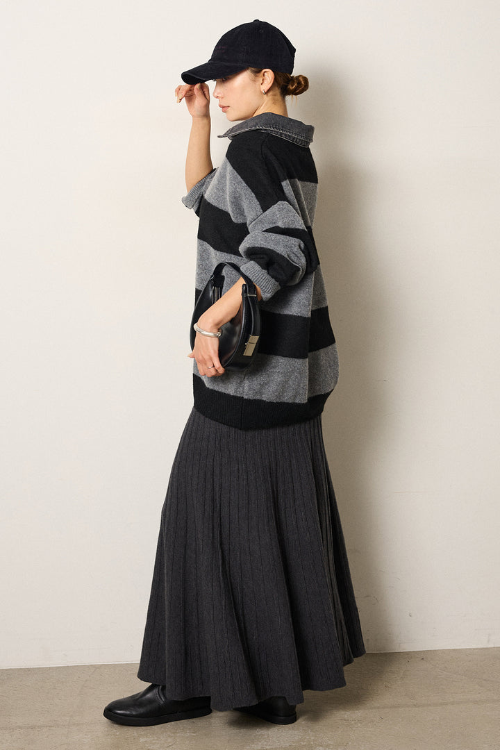 [SET]デニムカラーボーダールーズニット+編み地切り替えフレアニットスカート(2set)