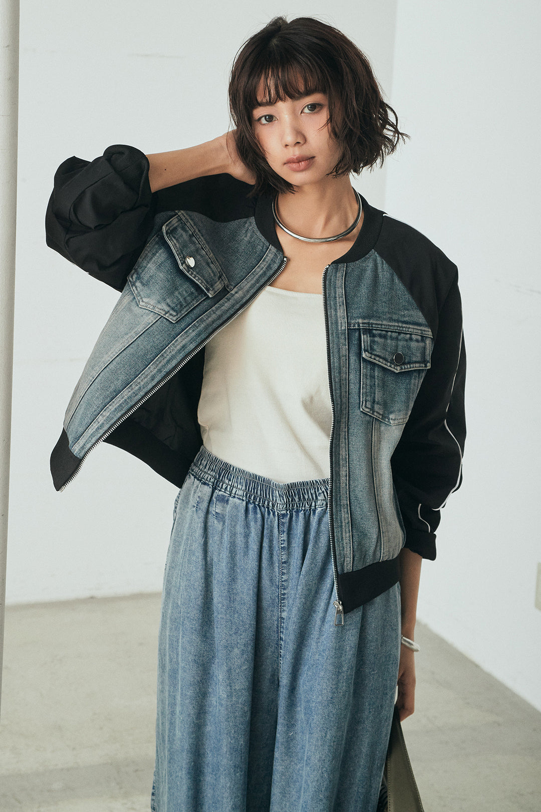 [SET]ナイロンデニムドッキングブルゾン+テンセルデニムイージーワイドパンツ(2set)