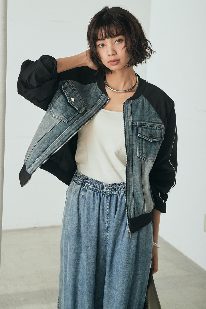 [SET]ナイロンデニムドッキングブルゾン+テンセルデニムイージーワイドパンツ(2set)