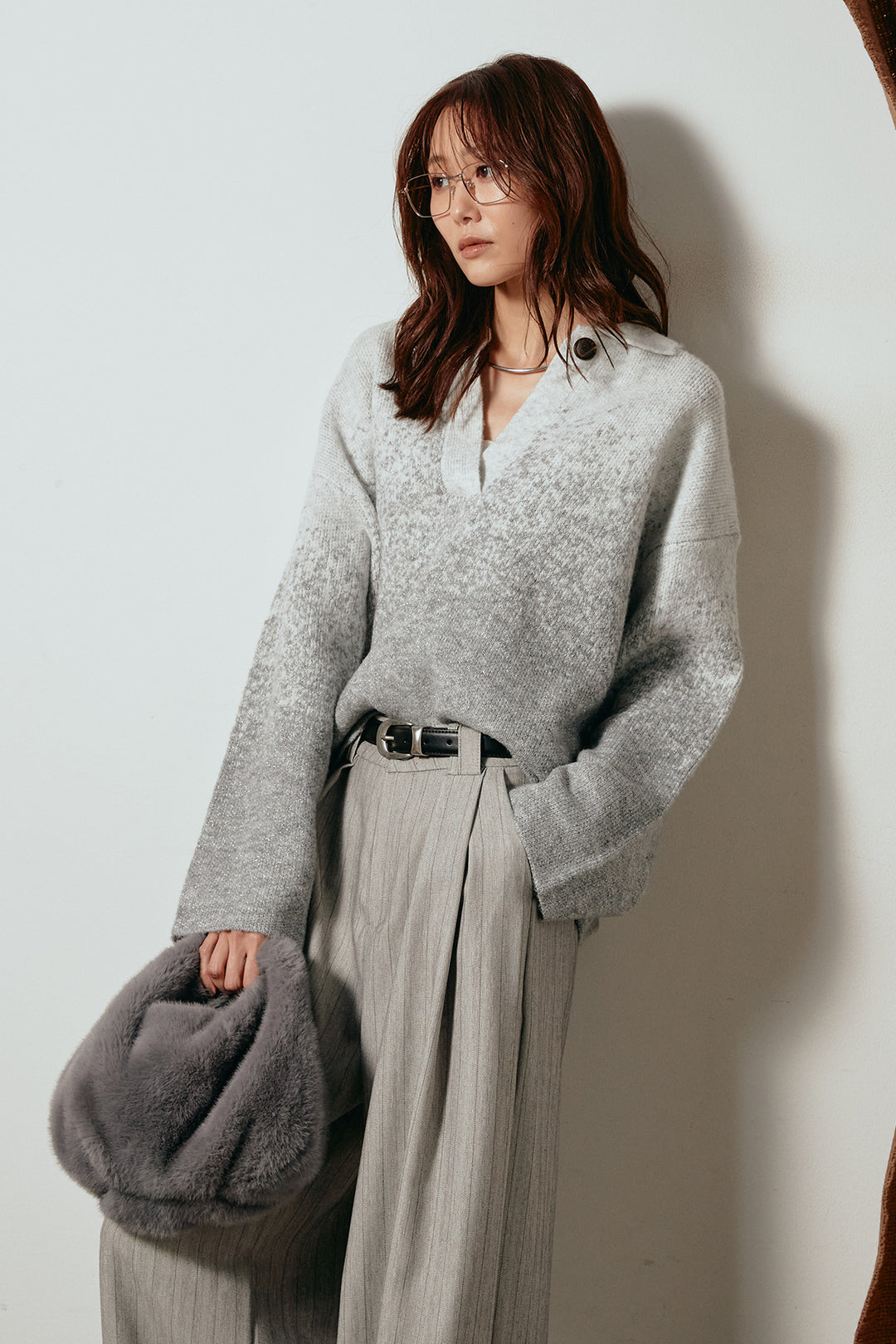 [SET]グラデーションラメニットキーネックプルオーバー+ストライプヘリンボーンパンツ(2set)