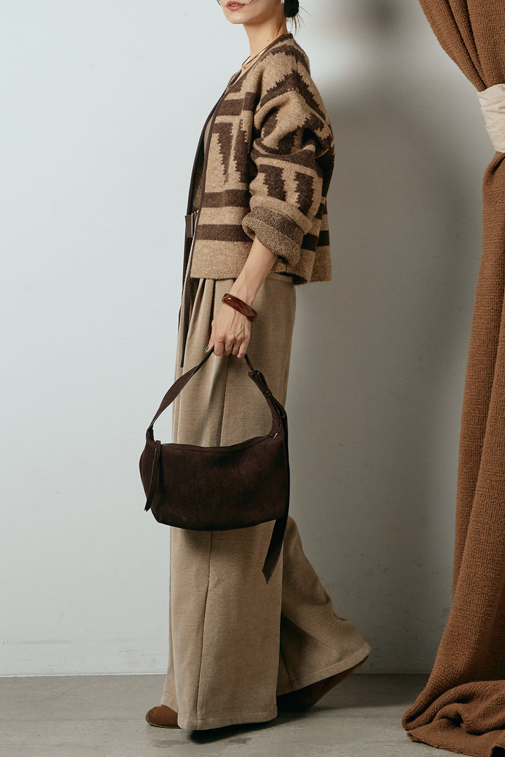 [SET]ノーカラー幾何学模様アウター+ベルトループコーデュロイワイドパンツ(2set)