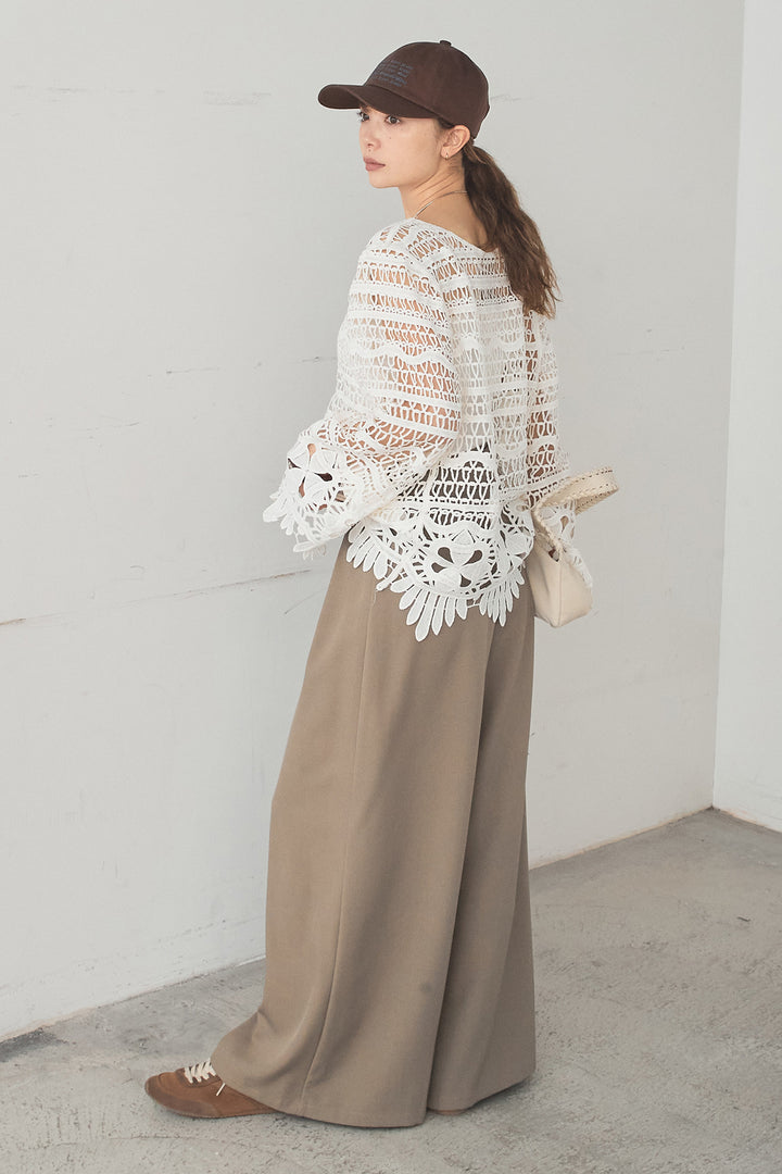 [SET]裾デザインメッシュプルオーバー+ベルト付きツータックワイドパンツ(2set)