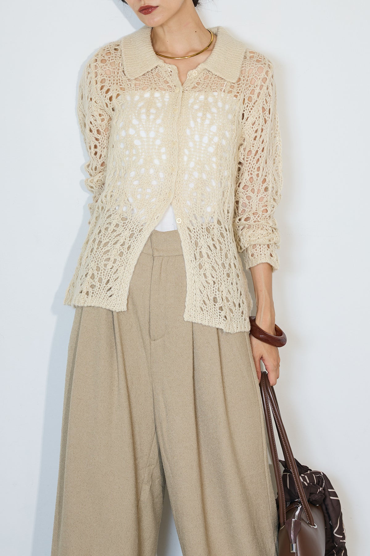 SET]透かし柄ポロニットカーディガン+起毛デザインタックワイド