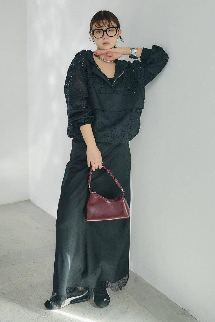 [SET]レースハーフジップアップフーディー+バイアスナローサテンスカート(2set)