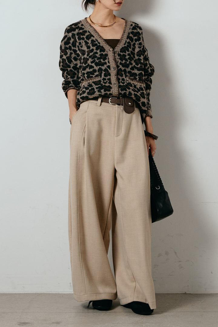 [SET]ステッチデザインレオパードニットカーディガン+ポーチベルト付きカーブパンツ(2set)