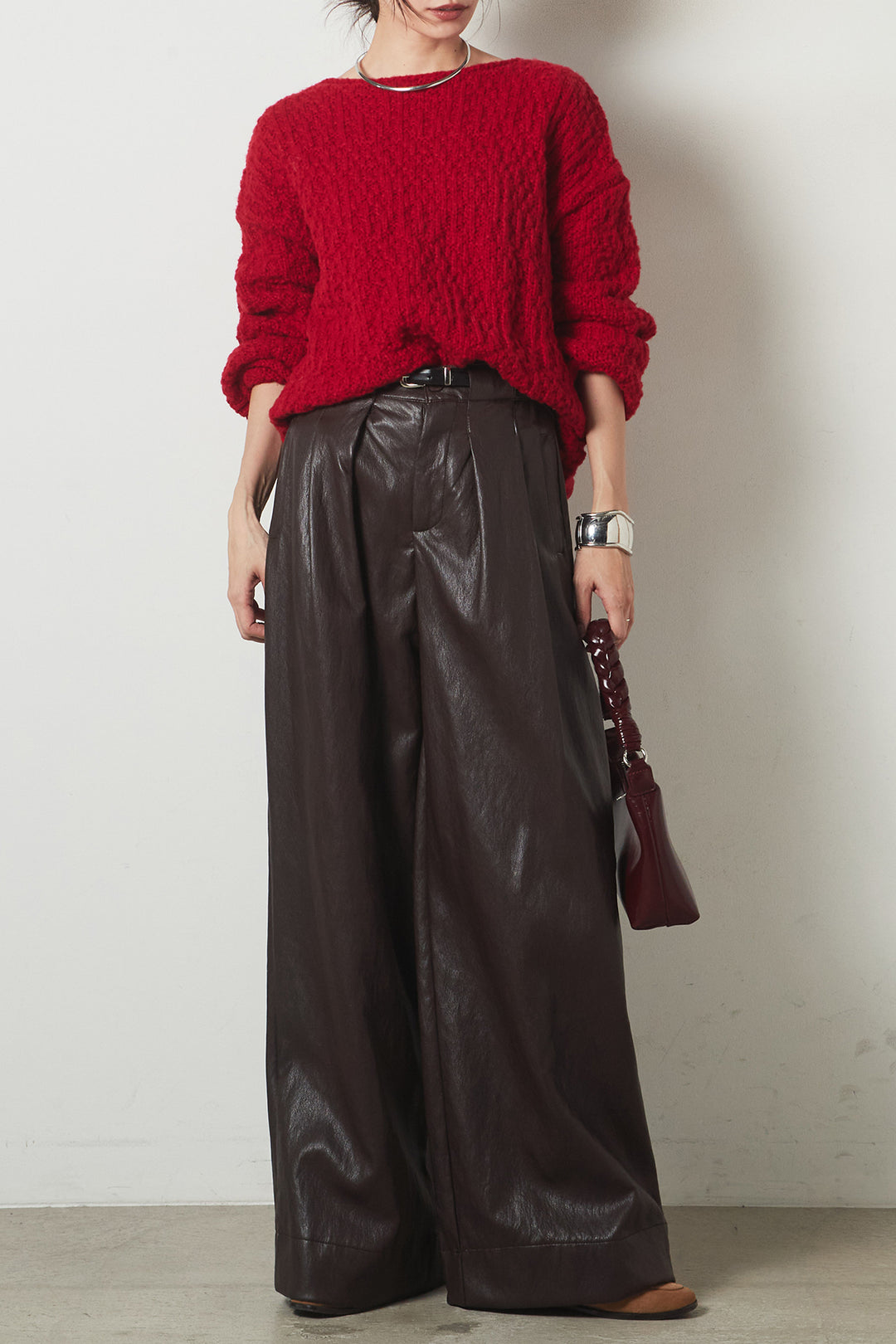 [SET]ボリューム編みニットプルオーバー+ベルト付きレザーライクタックパンツ(2set)