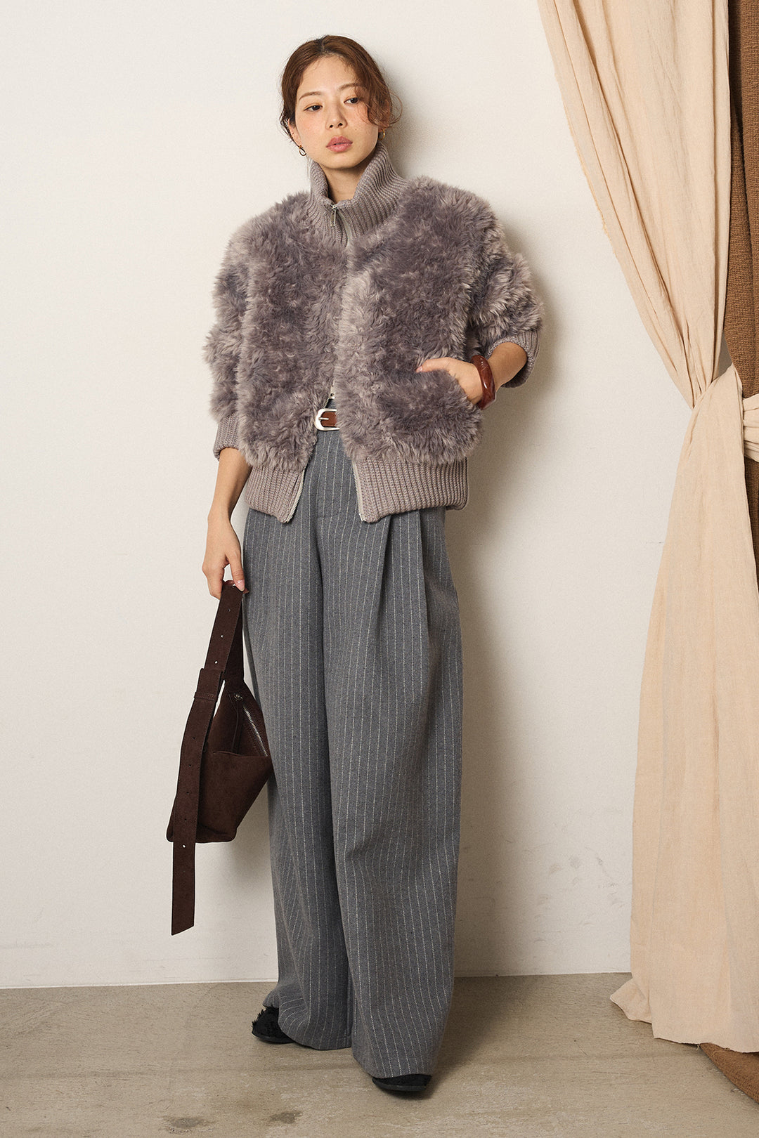 [SET]ハイネックボアブルゾン+ウールライクストライプパンツ(2set)