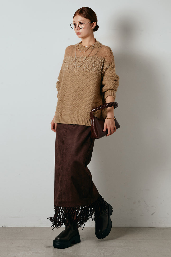 [SET]パターンランダム編みニットトップス+スウェードライク裾フリンジスカート(2set)