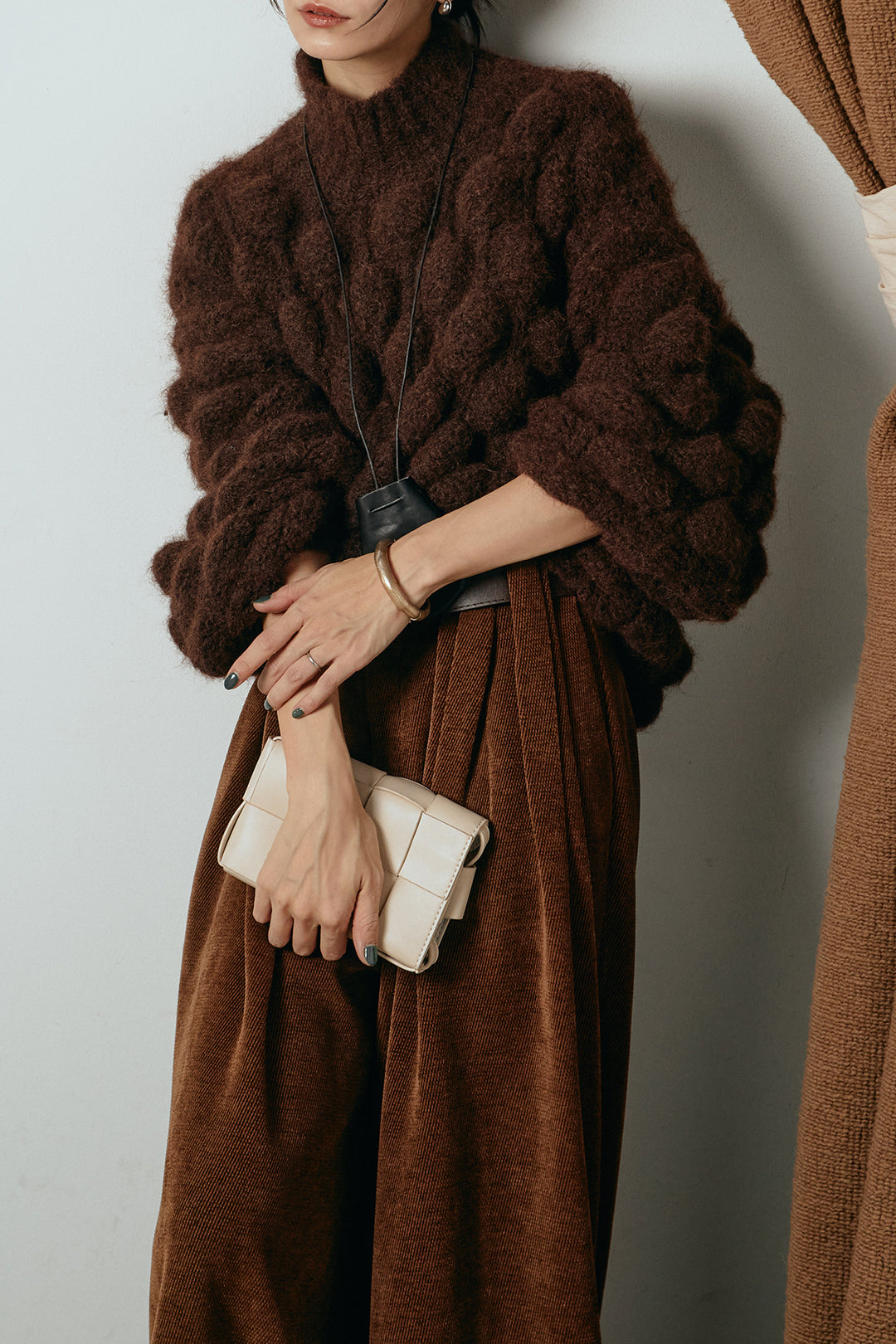 [SET]ボリュームポップコーンニットトップス+ベルトループコーデュロイワイドパンツ(2set)