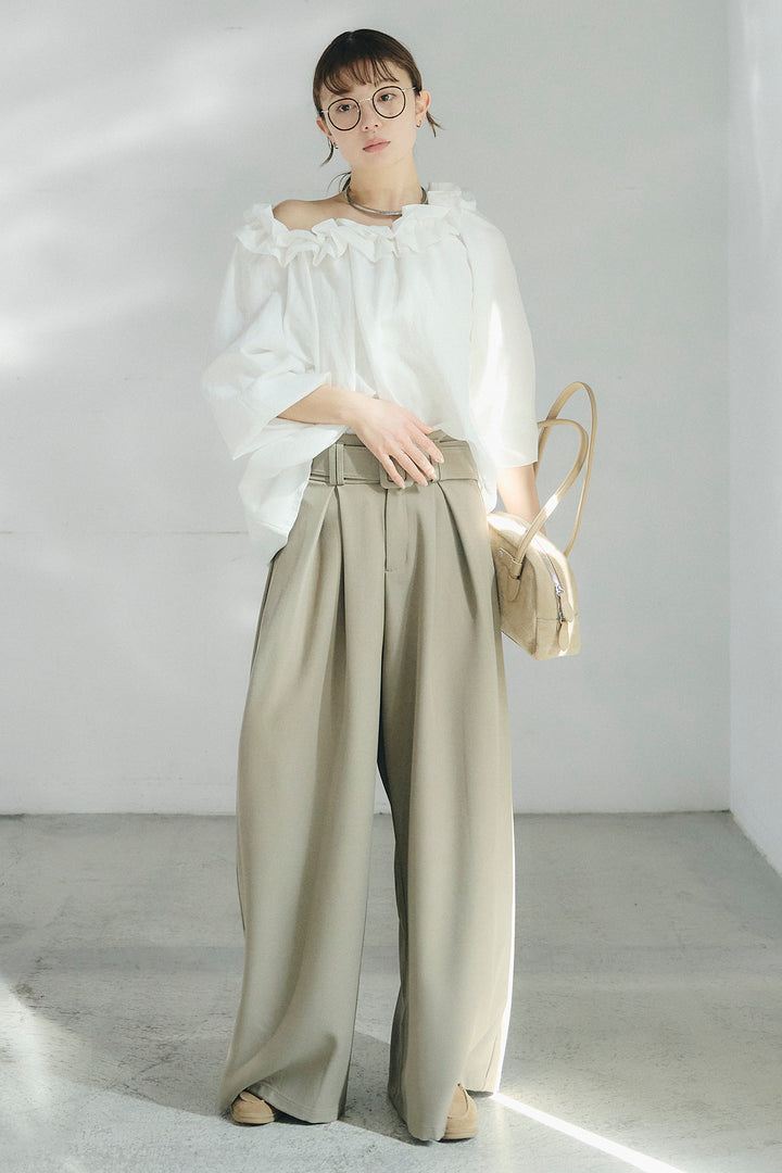 [SET]ネックフリルデザインブラウス+ベルト付きツータックワイドパンツ(2set)