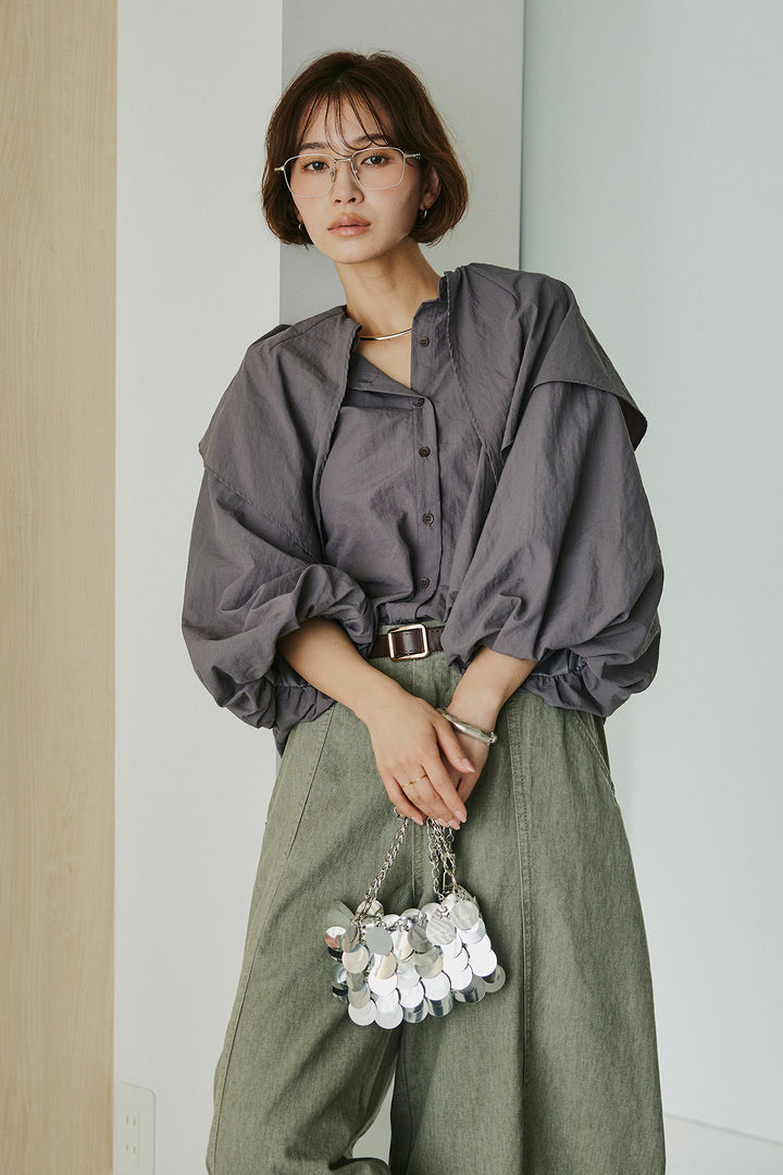 [SET]ケープカラーナイロンブラウス+サイドベルトカーブワイドパンツ(2set)