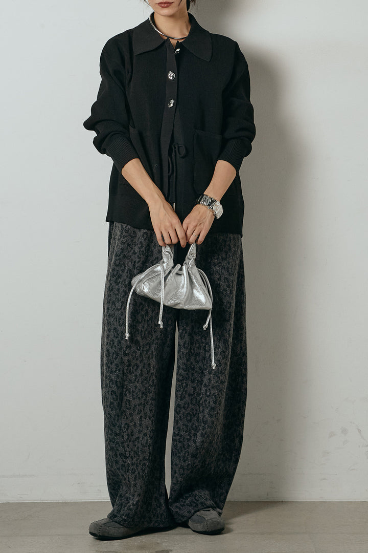[SET]メタル釦衿付きニットカーディガン+リラックスレオパード柄ワイドパンツ(2set)