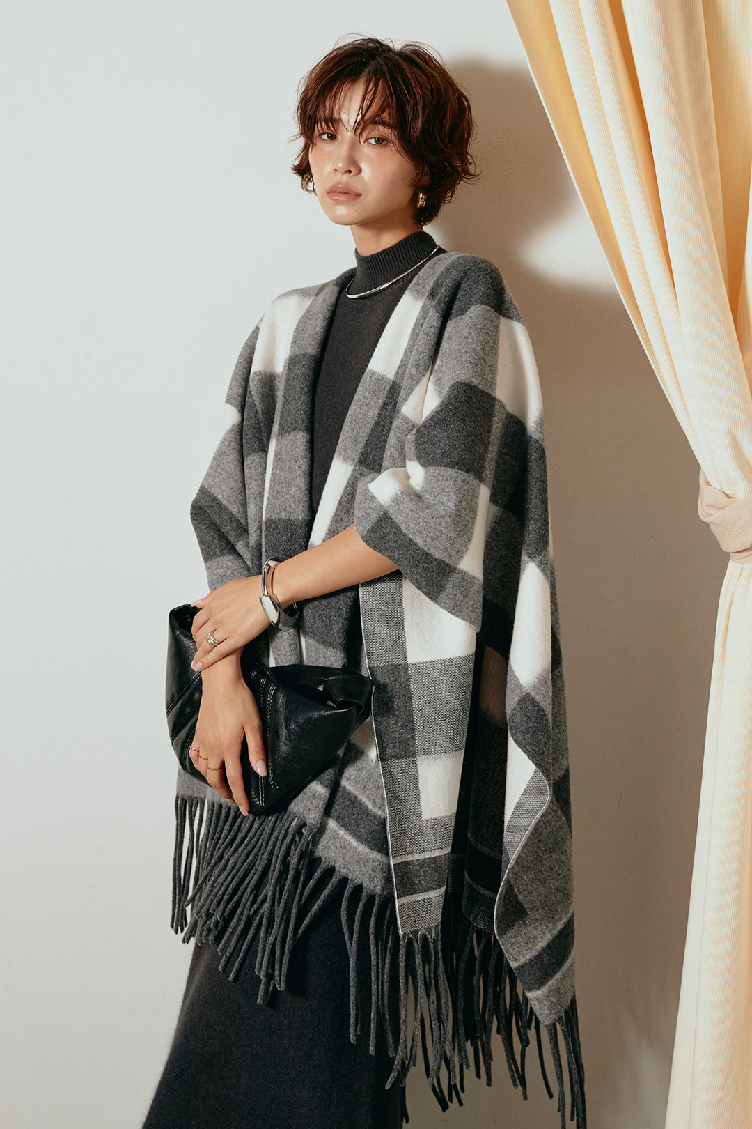 [SET]裾フリンジ柄ポンチョアウター+ノースリーブニットロングワンピース(2set)