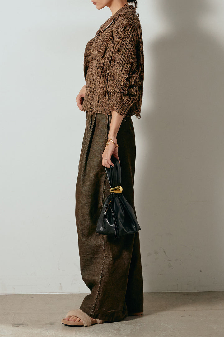 [SET]ハイネックフリンジジップニットトップス+フロントタック入りコーデュロイパンツ(2set)