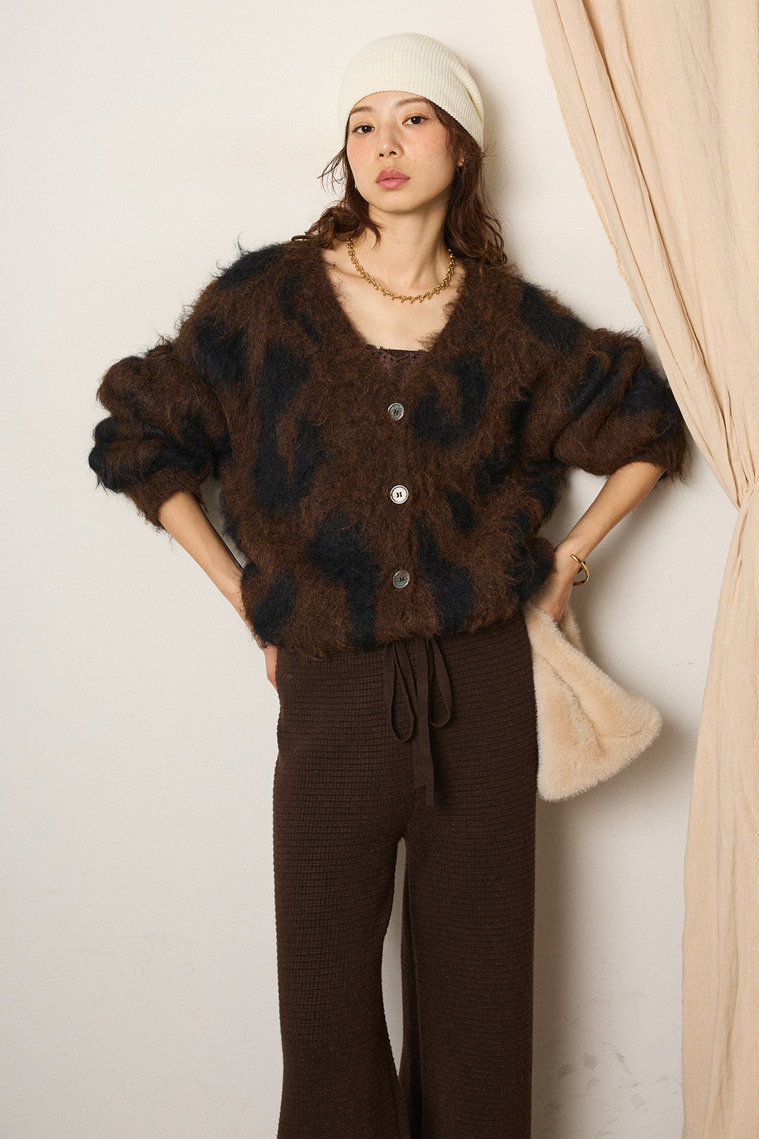 [SET]レオパードシャギータッチカーディガン+レースサテンキャミソール(2set)