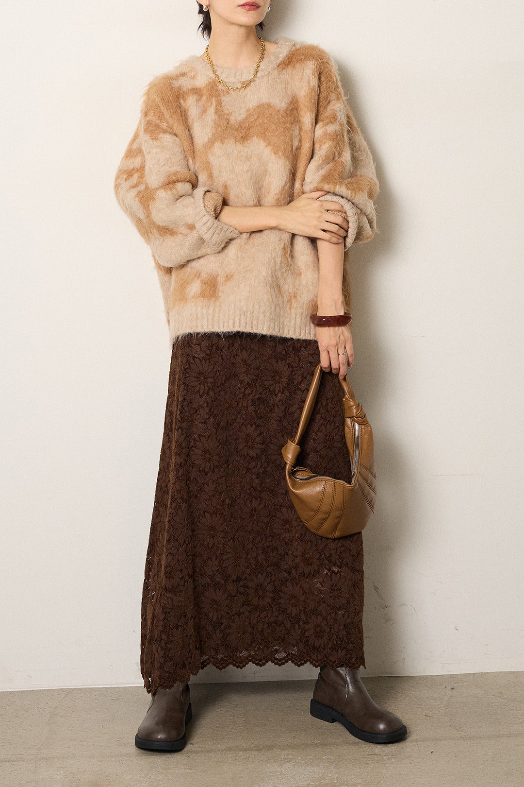 [SET]モヘアタッチマーブルニット+花柄刺繍ベロアフレアスカート(2set)