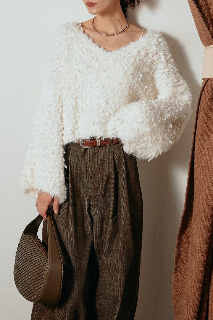 [SET]深Vネックチョウチョヤーンニットトップス+フロントタック入りコーデュロイパンツ(2set)