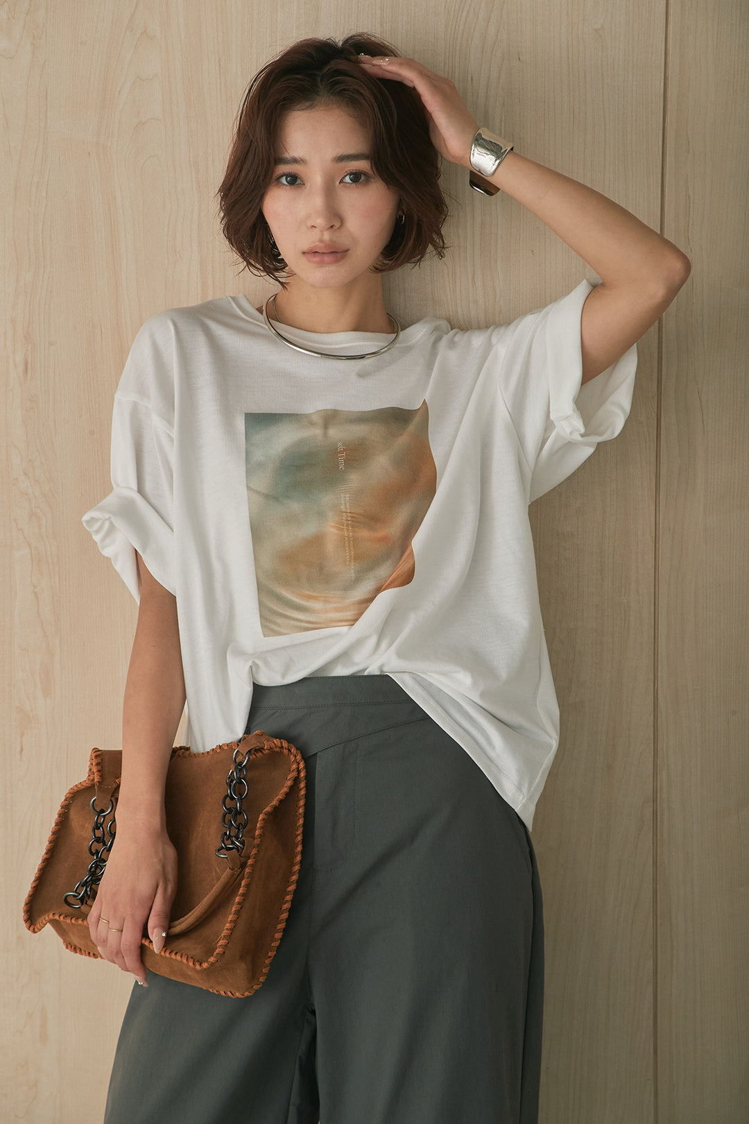 [SET]MarbleプリントTシャツ+ポケットベルト付きニーサイドタックパンツ(2set)