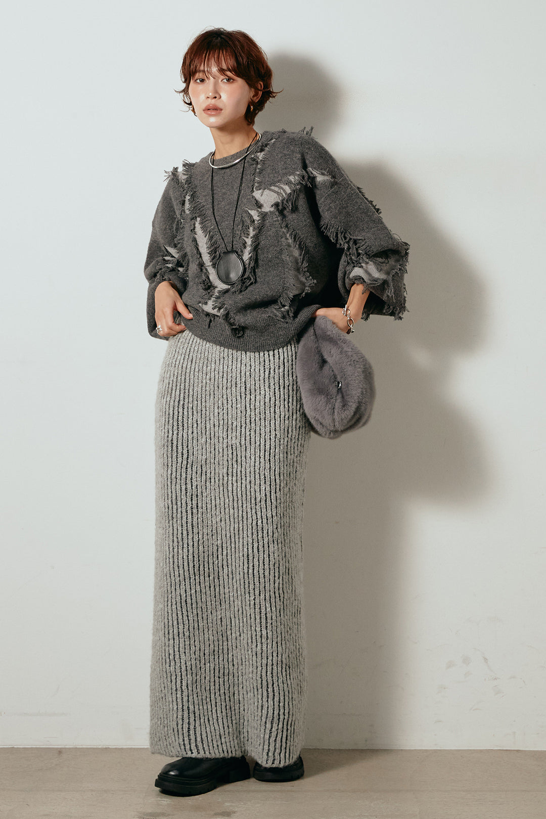 [SET]シャギージャガードニットトップス+アルパカタッチニットタイトスカート(2set)