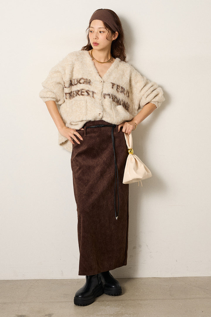 [SET]ウール混透かしロゴニットカーディガン+ロープベルト付きスウェード調スカート(2set)
