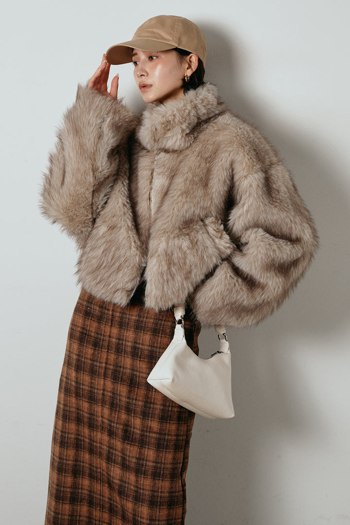 [SET]エコファーショート丈ブルゾン+シャギーチェックストレートスカート(2set)