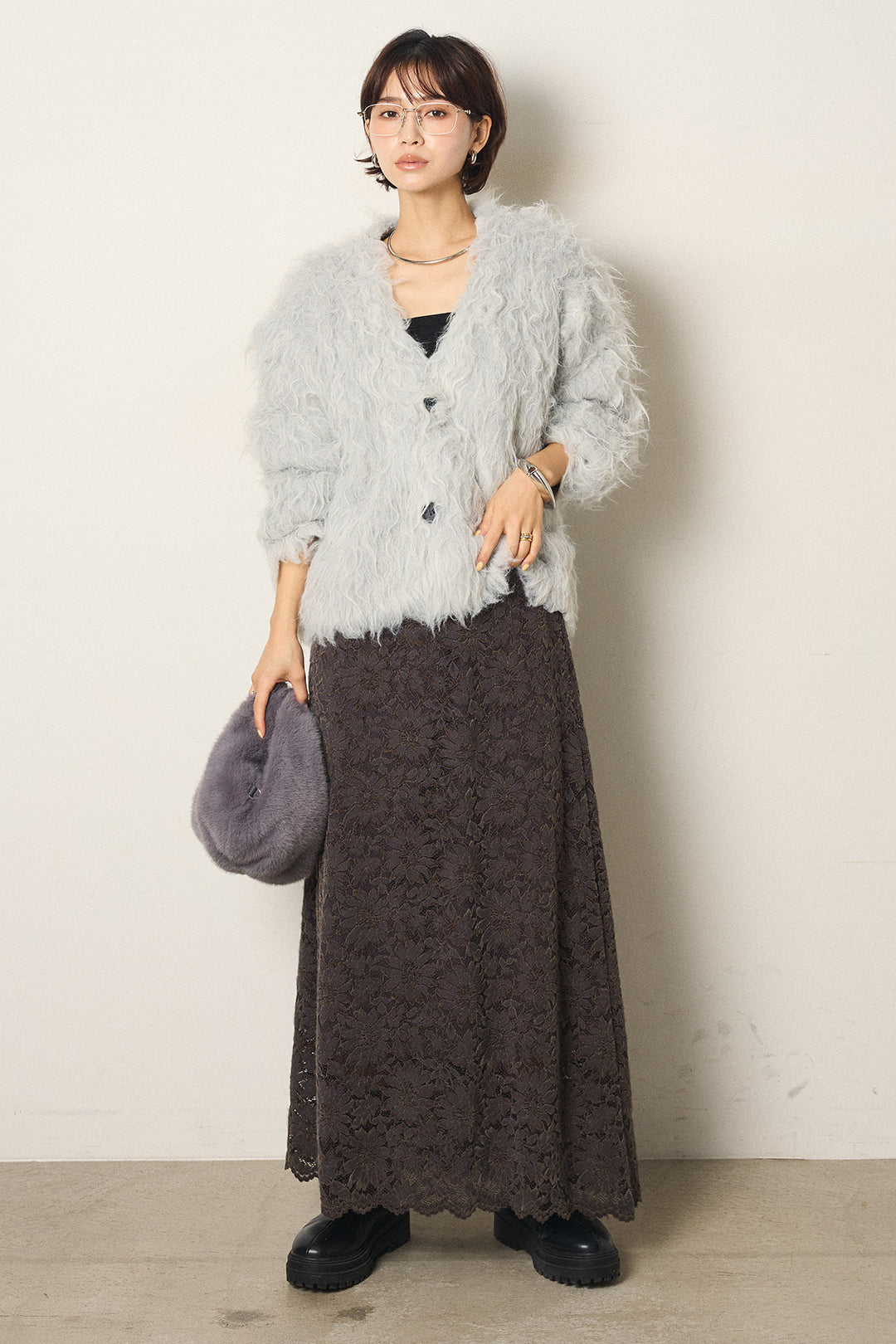 [SET]起毛シャギーニットカーディガン+花柄刺繍ベロアフレアスカート(2set)