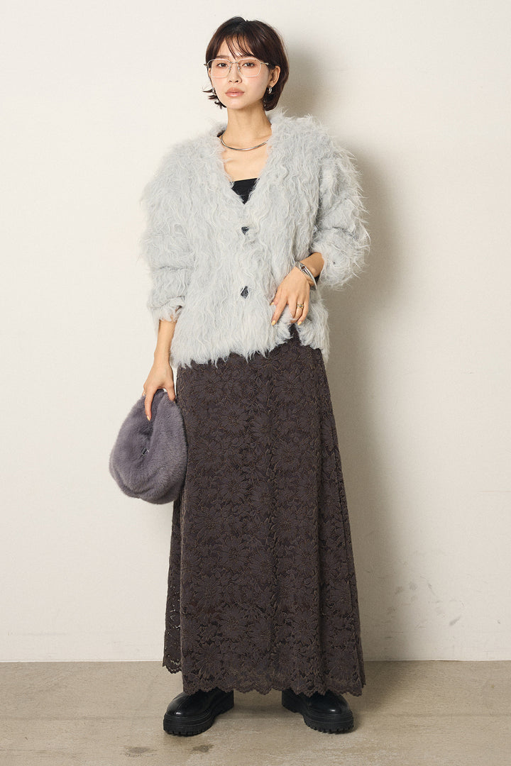 [SET]起毛シャギーニットカーディガン+花柄刺繍ベロアフレアスカート(2set)