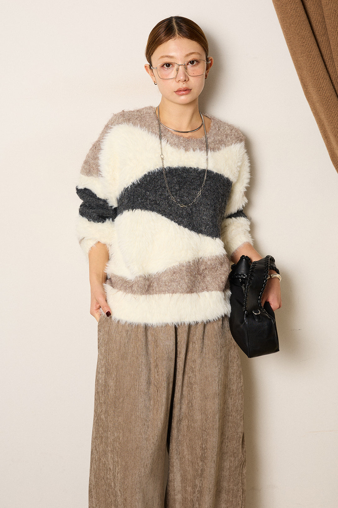 [SET]シャギーウェーブ柄クルーネックニットトップス+かすれデザインワイドパンツ(2set)