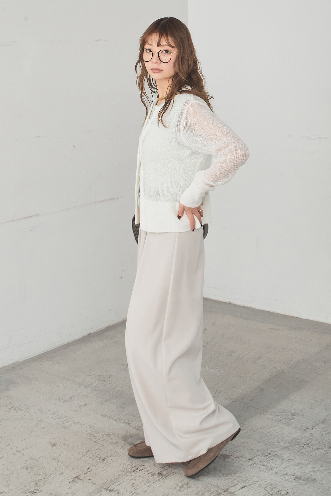 [SET]モヘア透かし編みレイヤードアンサンブルセット+ベルト付きツータックワイドパンツ(2set)