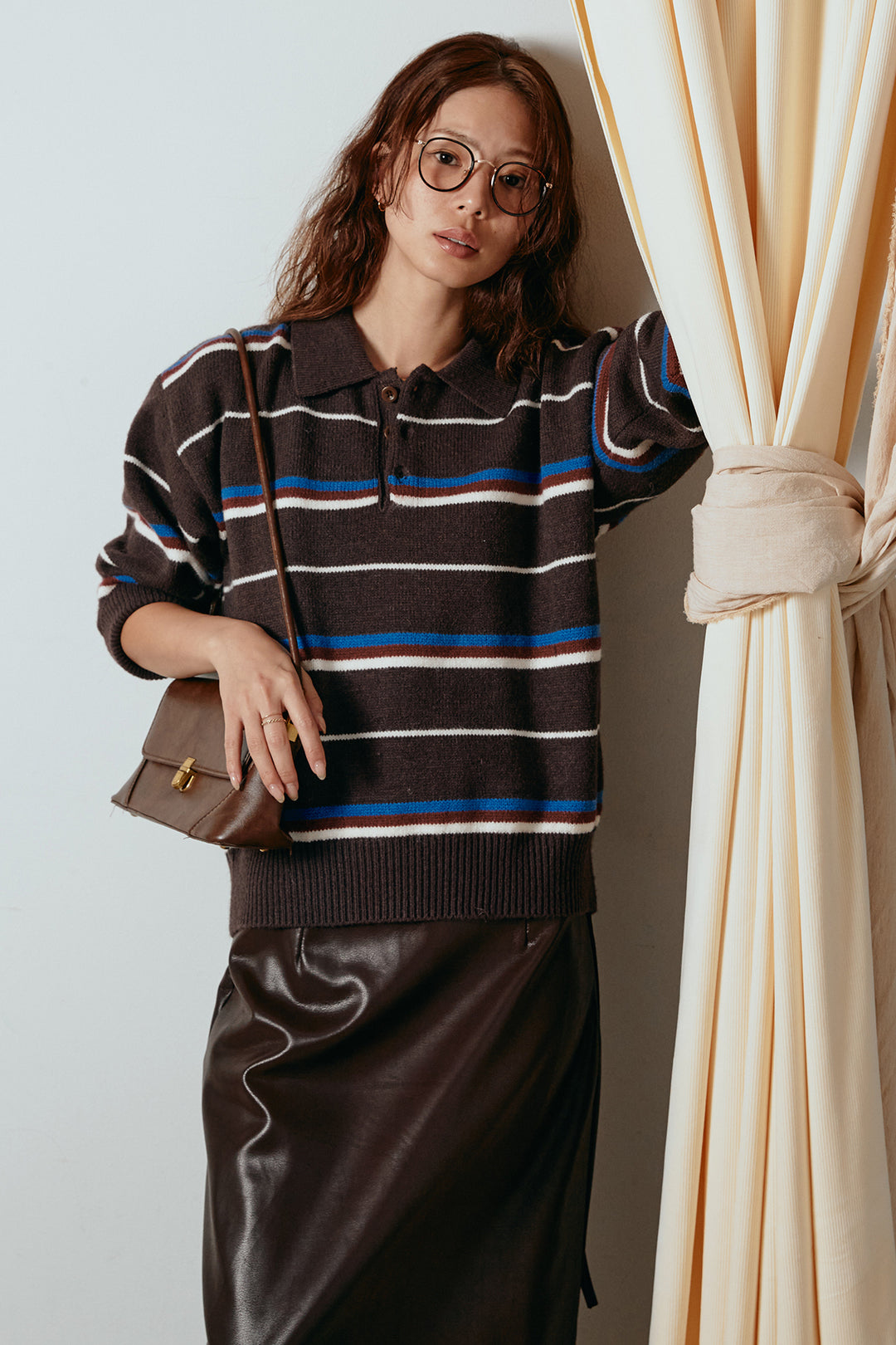 [SET]襟付きマルチボーダーニットポロトップス+紐付きフェイクレザーワイドスカート(2set)