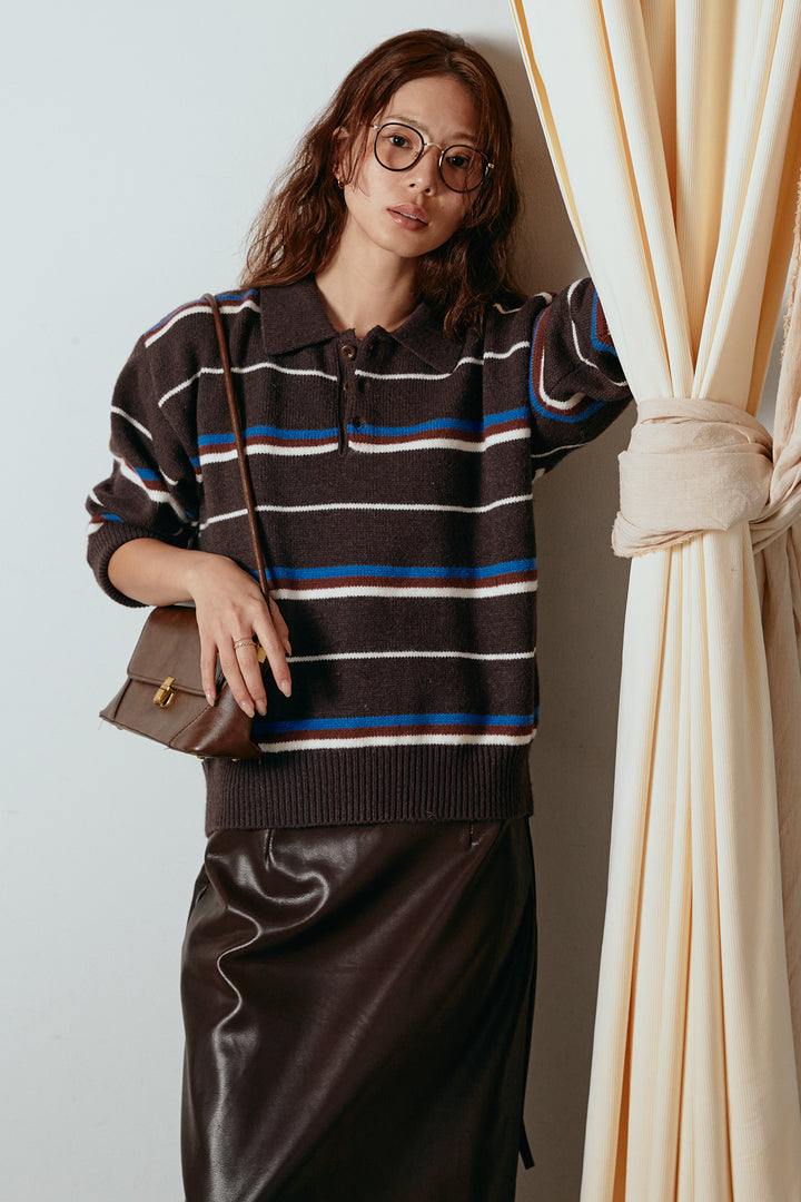 [SET]襟付きマルチボーダーニットポロトップス+紐付きフェイクレザーワイドスカート(2set)